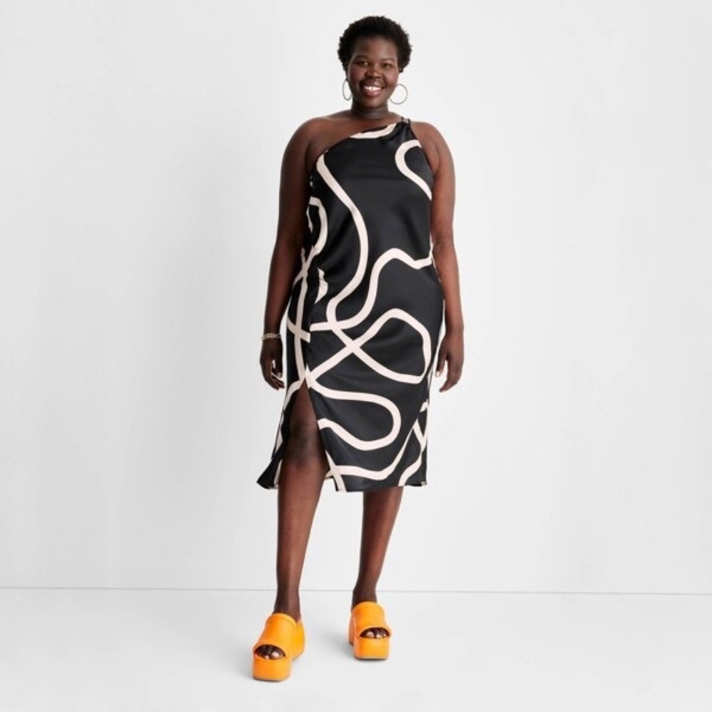 One Shoulder Slit Midi Dress Future Collective with Alani Noelle Black/White